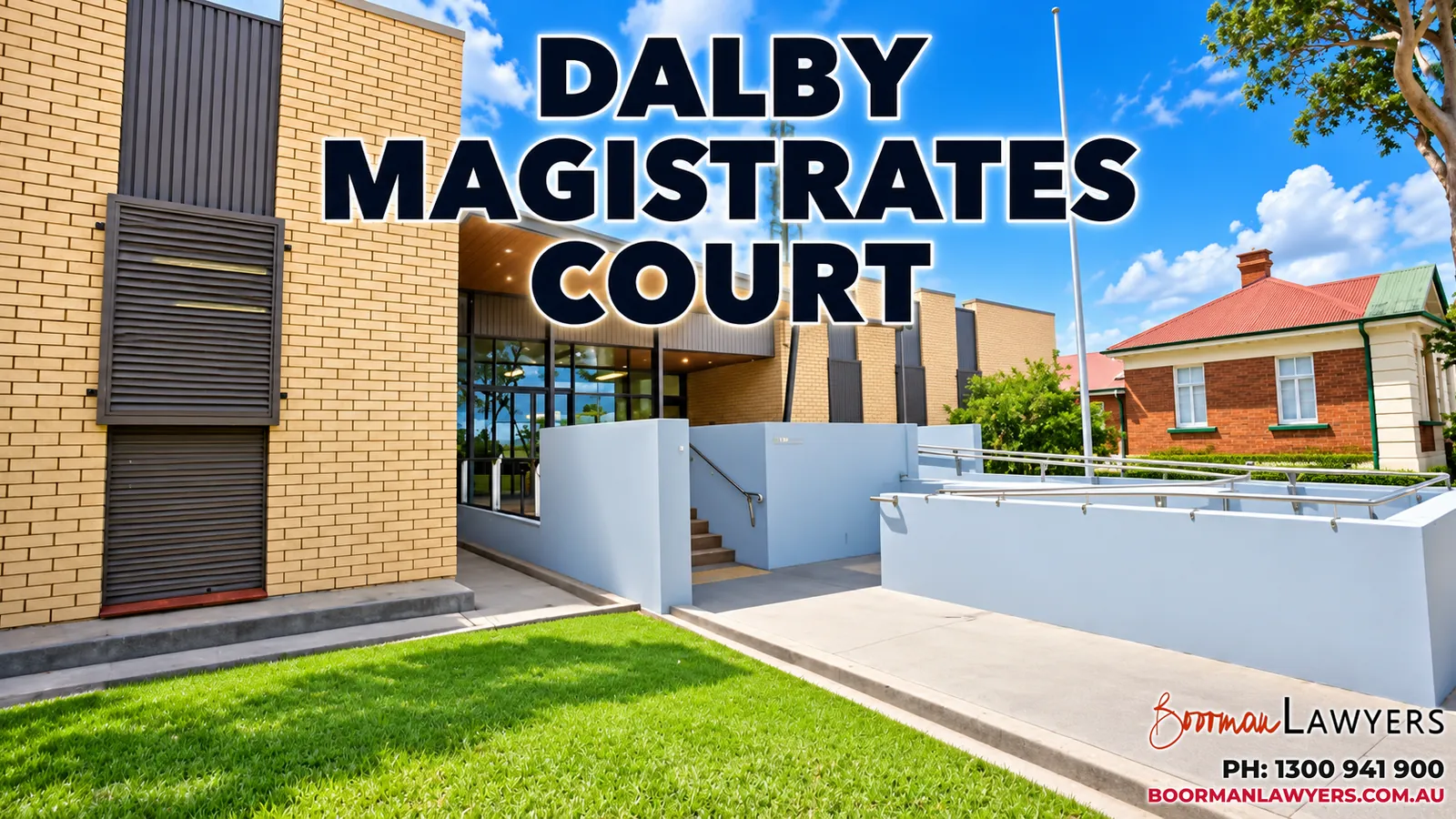 Dalby Magistrates Court building, Queensland, with the Boorman Lawyers logo and phone number 1300 941 900
