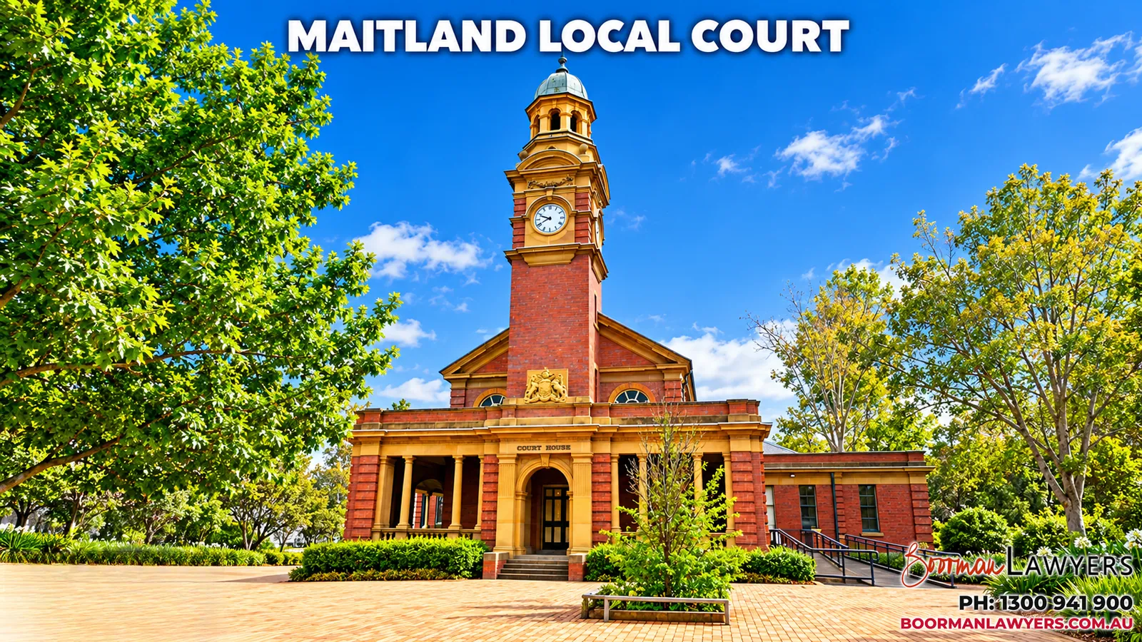 Maitland Local Court on High Street, New South Wales, with the Boorman Lawyers logo and phone number 1300 941 900