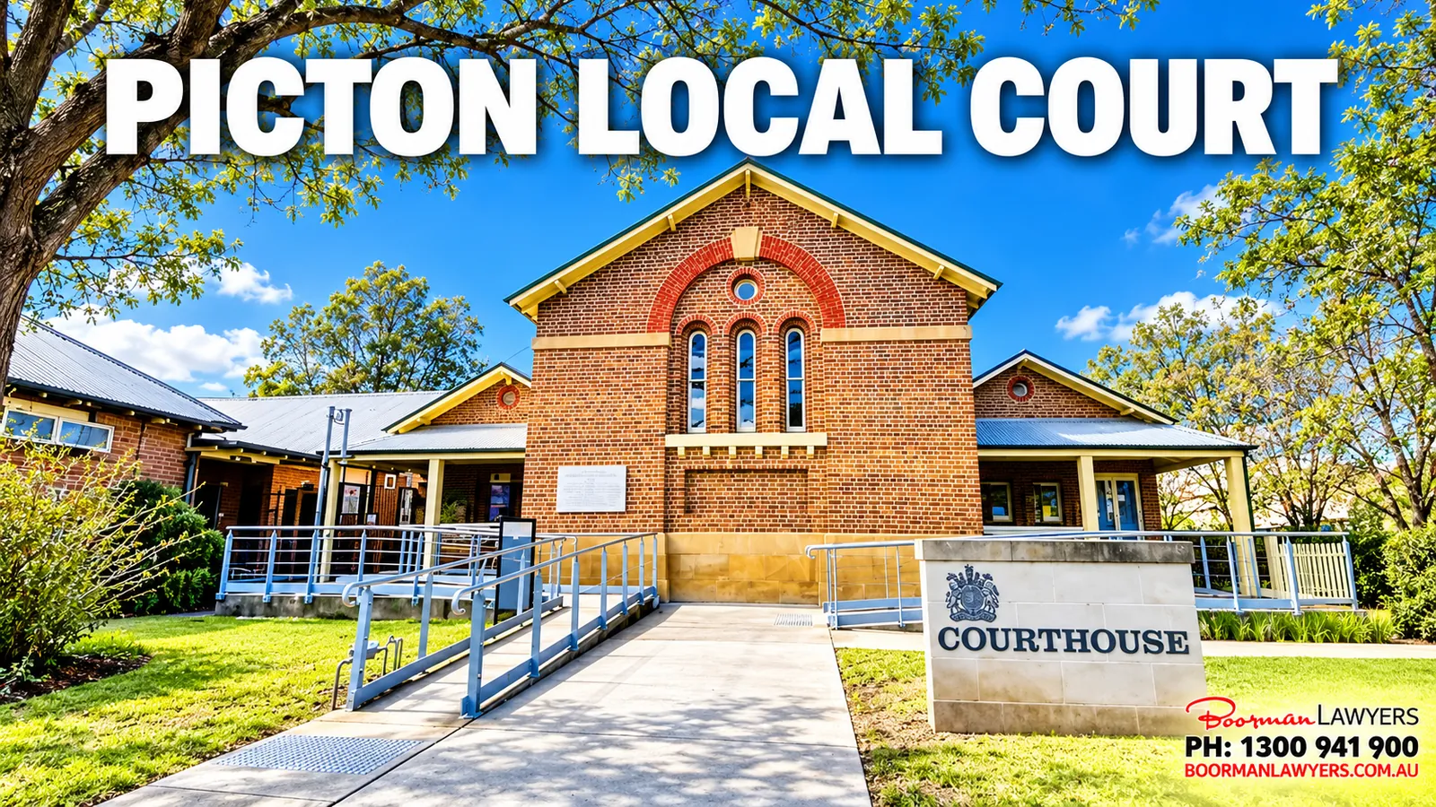 Picton Local Court on Argyle Street, New South Wales, with the Boorman Lawyers logo and phone number 1300 941 900