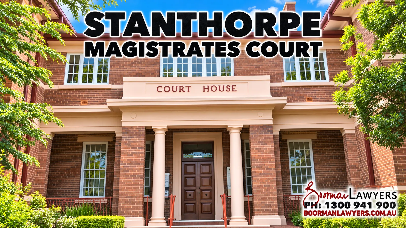 Stanthorpe Magistrates Court building, Queensland, with the Boorman Lawyers logo and phone number 1300 941 900