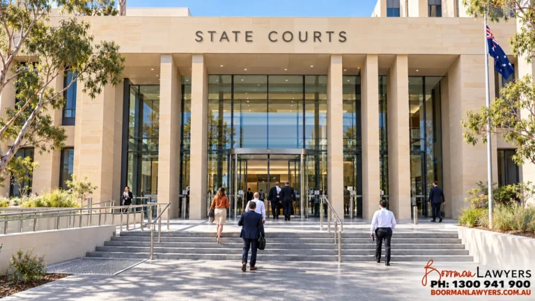 General image of a sandstone State Courts building entrance – not Burwood Local Court – with the Boorman Lawyers logo and phone number 1300 941 900